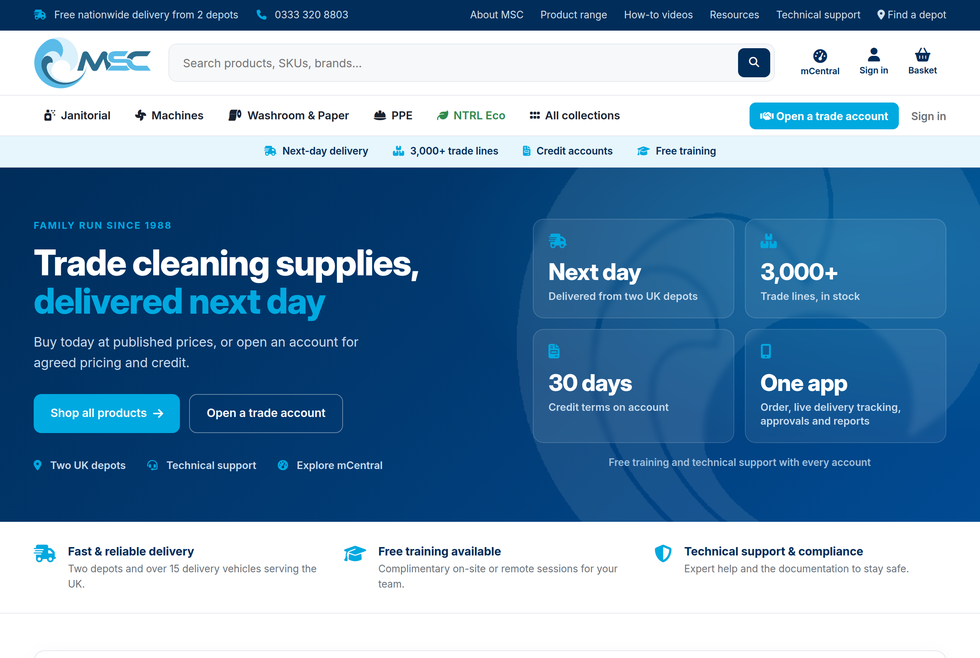 The MSC shop front rebuilt on mCentral OPS: category navigation, trade hero, next-day delivery and account ordering.