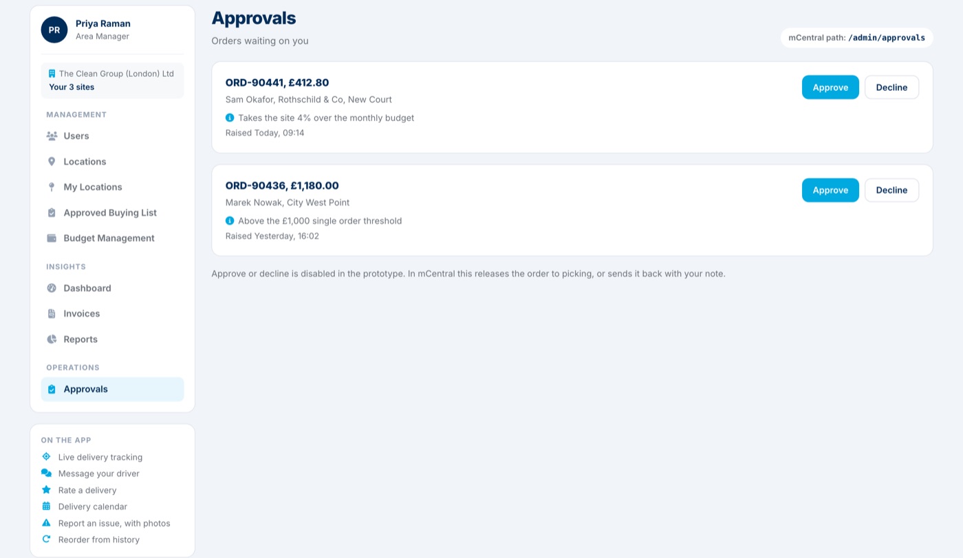 The approvals screen in mCentral, showing two orders waiting with the reason each was held